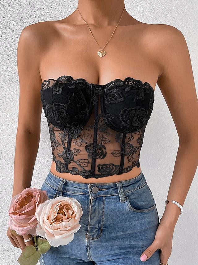 Women's Corset Bustier Black White Pink Floral Lace Backless Sleeveless Holiday Weekend Streetwear Sexy Y2K Strapless Crop Floral S