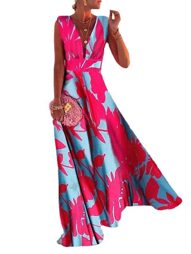 Women's Casual Dress Swing Dress Floral Dress Long Dress Maxi Dress Green Blue Pink Sleeveless Floral Print Spring Summer Deep V Hot Daily S M L XL XXL