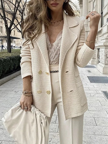 Women's Blazer Comfortable Formal Office / Career Daily Button Double Breasted Turndown Office / career Solid Color Regular Fit Outerwear Long Sleeve Winter Fall Beige S M L XL XXL 3XL