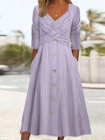 Women's Casual Dress Summer Dress Pleated Dress Plain Ruched Button V Neck Midi Dress Fashion Mature Outdoor Street Half Sleeve Loose Fit White Purple Green Summer Spring S M L XL XXL