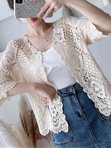 Women's Cardigan Sweater Jumper Crochet Knit Embroidered Hole Solid Color Open Front Stylish Casual Daily Going out Summer Spring White Beige One-Size