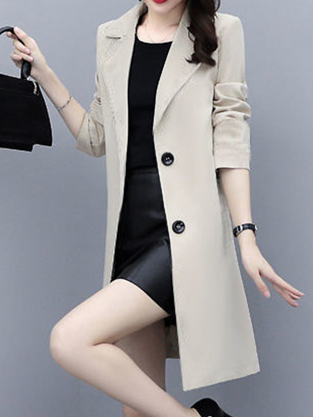 Women's Trench Coat Warm Breathable Outdoor Office Work Button Pocket Single Breasted Turndown OL Style Elegant Modern Solid Color Regular Fit Outerwear Long Sleeve Winter Fall Black Wine Khaki M L