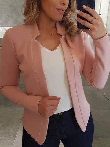 Women's Blazer Solid Color Classic Office / Business Long Sleeve Coat Spring Fall Causal Open Front Regular Jacket Light Pink