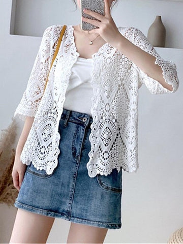 Women's Cardigan Sweater Jumper Crochet Knit Embroidered Hole Solid Color Open Front Stylish Casual Daily Going out Summer Spring White Beige One-Size