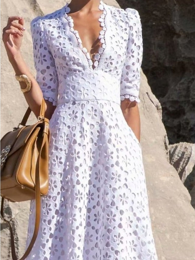 Women's Lace Dress Cutout Eyelet Pure Color Casual Dress Swing Dress Long Dress Maxi Dress White Half Sleeve Fall Spring V Neck Weekend S M L XL 2XL 3XL