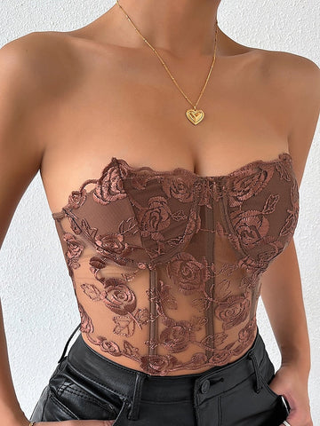 Women's Corset Bustier Black White Pink Floral Lace Backless Sleeveless Holiday Weekend Streetwear Sexy Y2K Strapless Crop Floral S