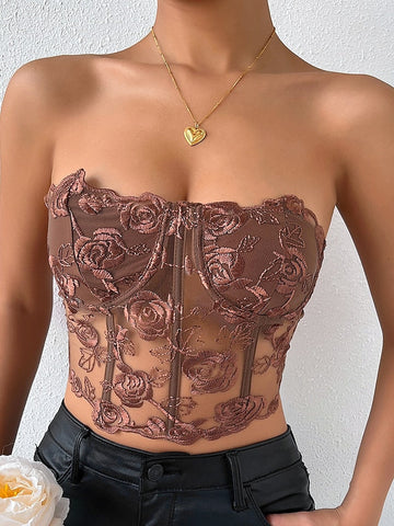 Women's Corset Bustier Black White Pink Floral Lace Backless Sleeveless Holiday Weekend Streetwear Sexy Y2K Strapless Crop Floral S