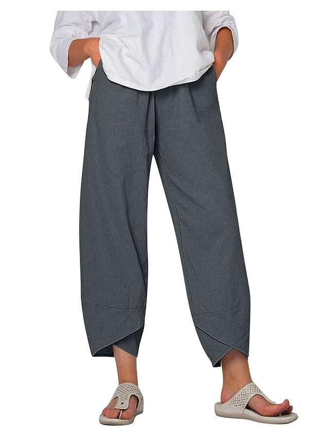 Women's Linen Pants Chinos Pants Trousers Cotton Black Navy Blue Green Mid Waist Fashion Casual Weekend Side Pockets Ankle-Length Comfort Plain S M L XL 2XL