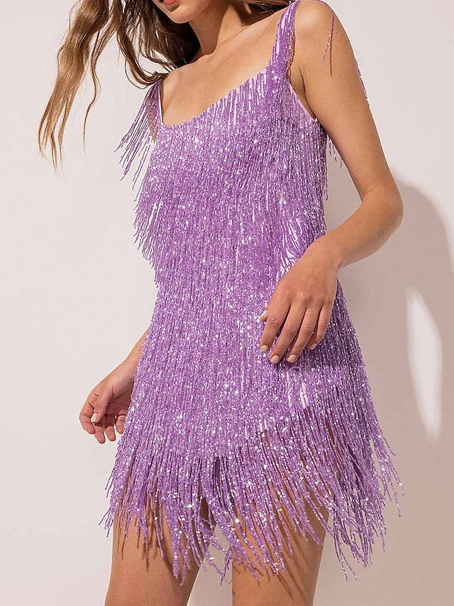 Women's Party Dress Fringe Dress Slip Dress Mini Dress Purple Gold Beige Sleeveless Pure Color Tassel Fringe Summer Spring Fall Spaghetti Strap Fashion Evening Party Vacation Fall Dress  S M L XL