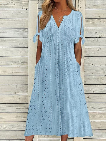 Women's Casual Dress Summer Dress Pleated Dress Plain Lace Ruched V Neck Midi Dress Fashion Elegant Outdoor Daily Short Sleeve Loose Fit White Pink Blue Summer Spring S M L XL XXL