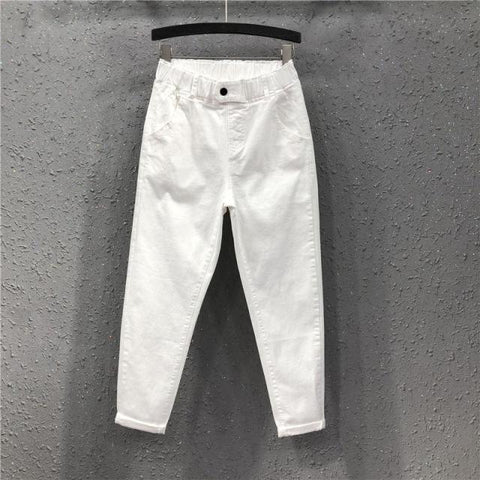 New Arrival Summer Women Harem Pants All-matched Casual Cotton Denim Pants Elastic Waist Plus Size Yellow White Jeans