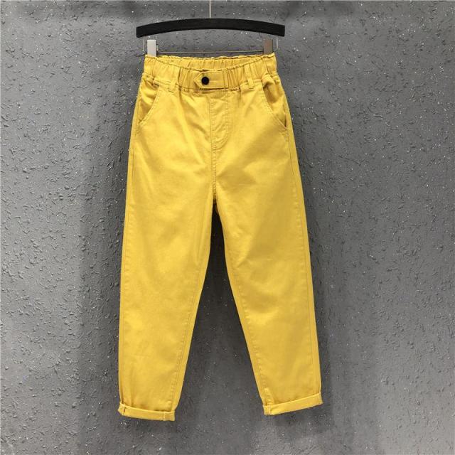 New Arrival Summer Women Harem Pants All-matched Casual Cotton Denim Pants Elastic Waist Plus Size Yellow White Jeans