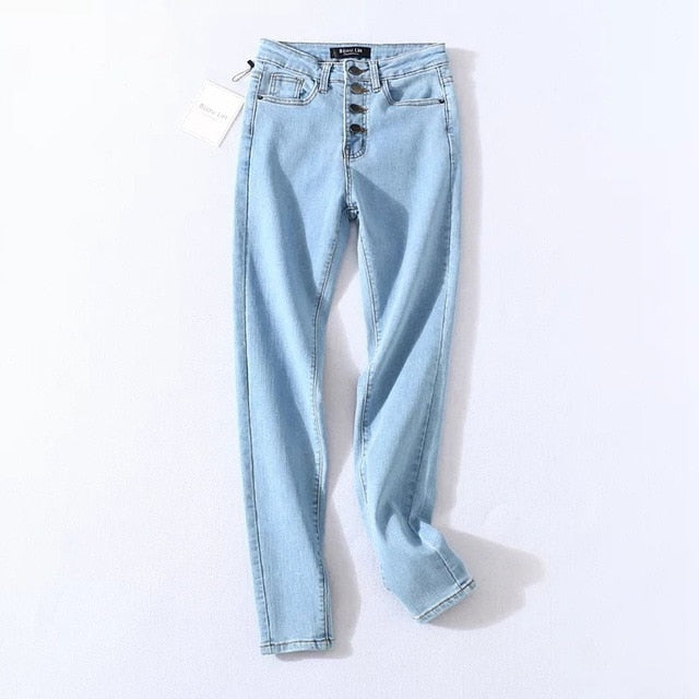 Vintage Skinny Four Buttons High Waist Pencil Jeans Women Slim Fit Stretch Denim Pants Full Length Denim Tight Trousers