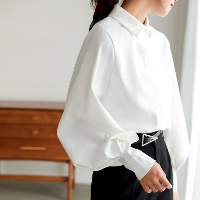 Pbong mid size graduation outfit romantic style teen swag clean girl ideas 90s latina aestheticWomen blouse vintage Turn-down Collar Spring Autumn Lantern sleeve women shirts white tops long sleeve shirt black ladies tunic