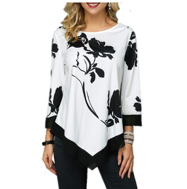 Women Blouse Shirt Asymmetric Hem Autumn Floral Printed Blouse Female Flower Print Tops O Neck Blusas Fashion Lady Camisa