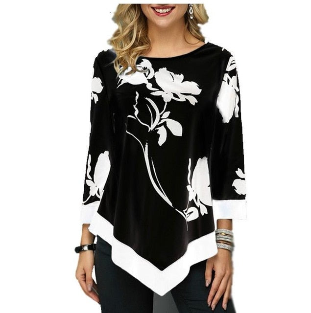 Women Blouse Shirt Asymmetric Hem Autumn Floral Printed Blouse Female Flower Print Tops O Neck Blusas Fashion Lady Camisa