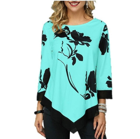 Women Blouse Shirt Asymmetric Hem Autumn Floral Printed Blouse Female Flower Print Tops O Neck Blusas Fashion Lady Camisa