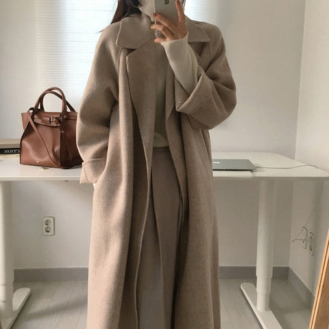 Women Elegant Long Wool Coat With Belt Solid Color Long Sleeve Chic Outerwear Ladies Overcoat Autumn Winter