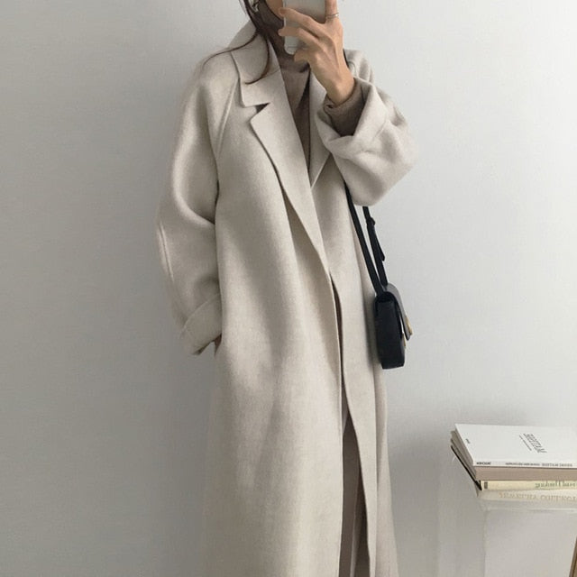 Women Elegant Long Wool Coat With Belt Solid Color Long Sleeve Chic Outerwear Ladies Overcoat Autumn Winter