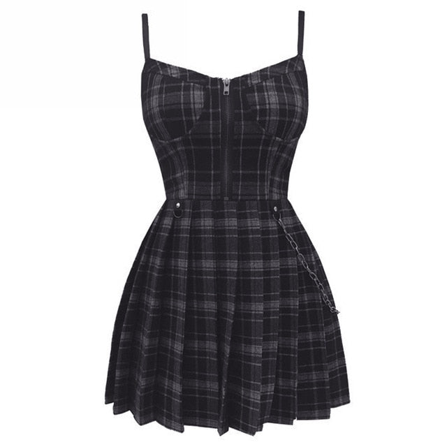 Gothic Girls Plaid Pleated Punk Dress Preppy Style Red Black Spaghetti Strap Sexy Sleeveless Mini Short Dresses Goth Streetwear