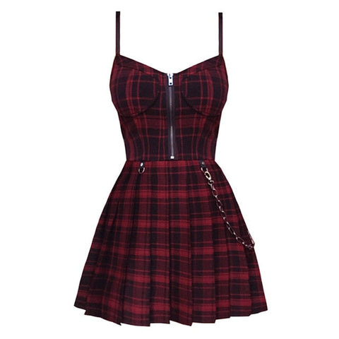 Gothic Girls Plaid Pleated Punk Dress Preppy Style Red Black Spaghetti Strap Sexy Sleeveless Mini Short Dresses Goth Streetwear