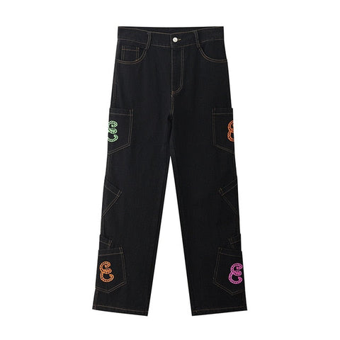 Retro Pocket Letter Print Straight Cargo Pants Men and Women Oversize Jeans Trousers Harajuku Streetwear Casual Denim Pants