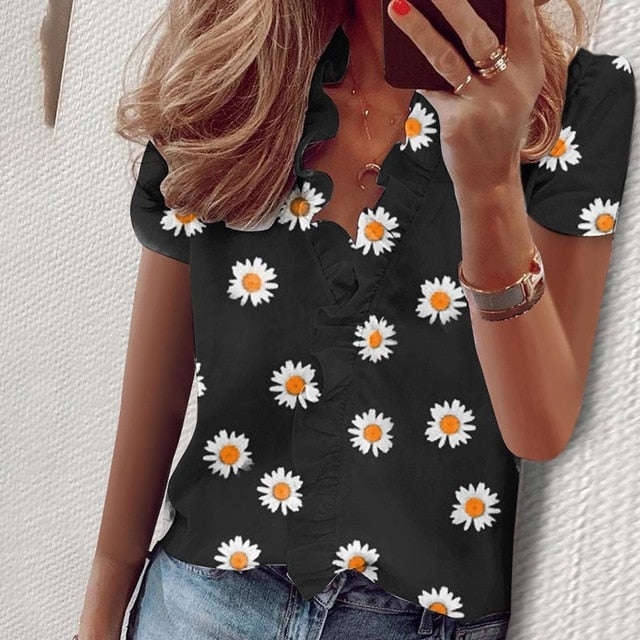 Elegant Boho Floral Print Slim Shirt Office Lady Retro Tops Women Casual Short Sleeve Sexy V-neck Ruffles Blouse Summer