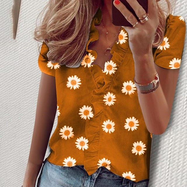 Elegant Boho Floral Print Slim Shirt Office Lady Retro Tops Women Casual Short Sleeve Sexy V-neck Ruffles Blouse Summer