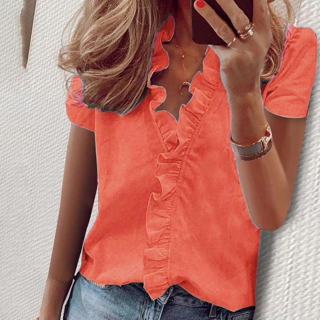 Elegant Boho Floral Print Slim Shirt Office Lady Retro Tops Women Casual Short Sleeve Sexy V-neck Ruffles Blouse Summer