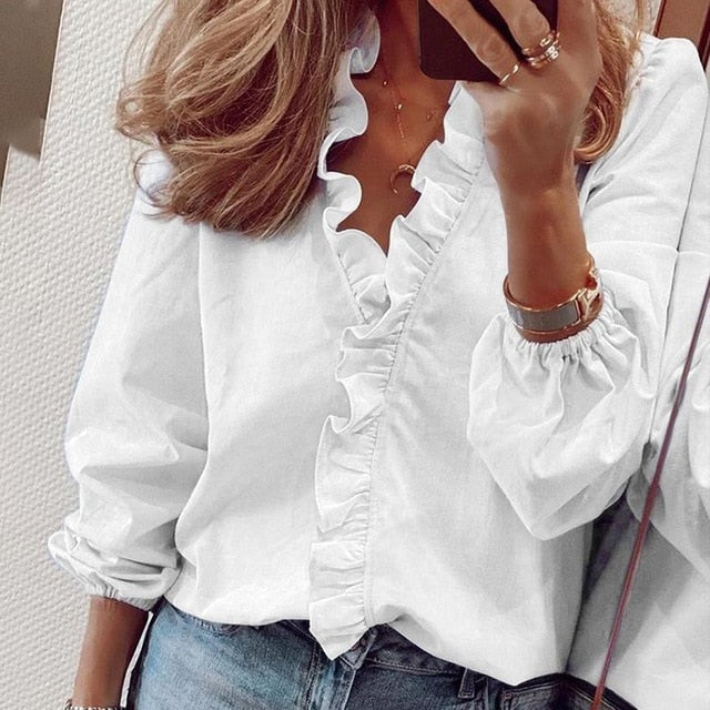 Elegant Boho Floral Print Slim Shirt Office Lady Retro Tops Women Casual Short Sleeve Sexy V-neck Ruffles Blouse Summer