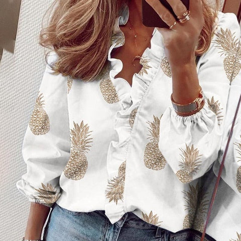 Elegant Boho Floral Print Slim Shirt Office Lady Retro Tops Women Casual Short Sleeve Sexy V-neck Ruffles Blouse Summer