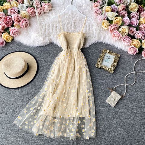 Slip Dress Long Mesh Floral Dress Women Vintage Elegant Sexy Beach Dresses Woman Party Night Korean Kawaii Ruffle Backless