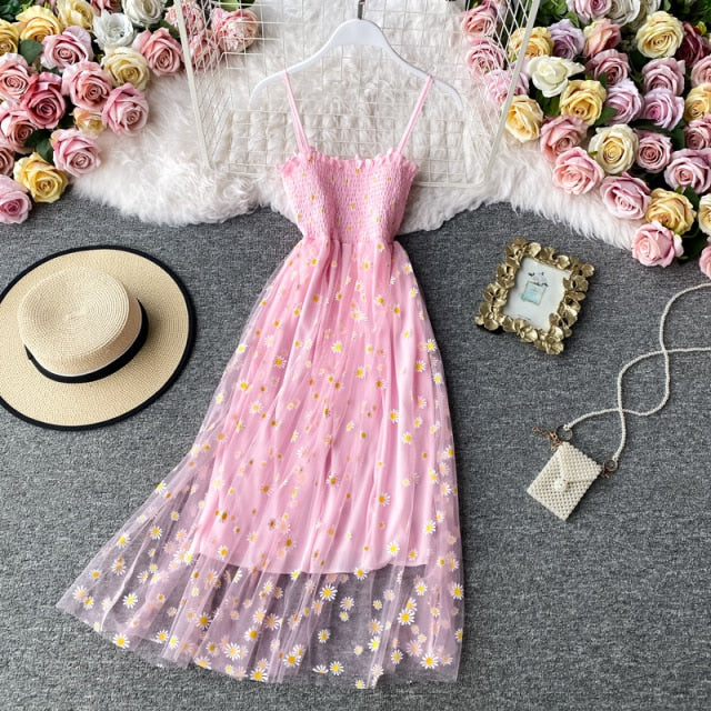 Slip Dress Long Mesh Floral Dress Women Vintage Elegant Sexy Beach Dresses Woman Party Night Korean Kawaii Ruffle Backless