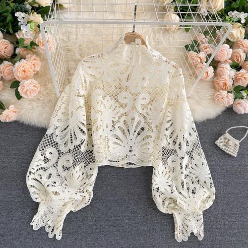 Sexy Lace Hollow Out Short Blouse Casual Lantern Long Sleeve Stand Collar Shirts Female Elegant Red/Pink/White Loose Tops