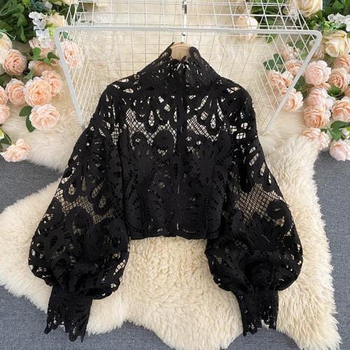 Sexy Lace Hollow Out Short Blouse Casual Lantern Long Sleeve Stand Collar Shirts Female Elegant Red/Pink/White Loose Tops