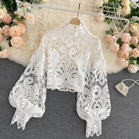 Sexy Lace Hollow Out Short Blouse Casual Lantern Long Sleeve Stand Collar Shirts Female Elegant Red/Pink/White Loose Tops