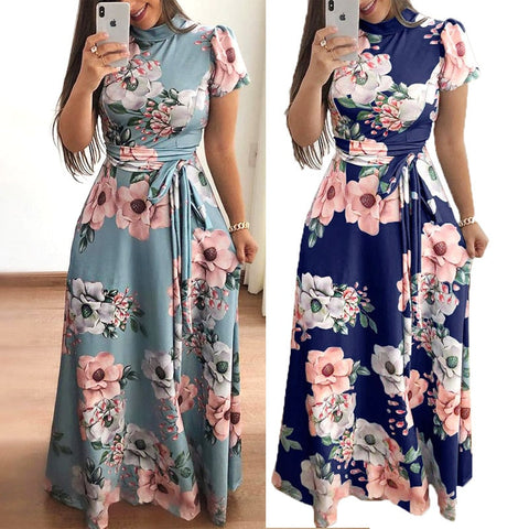 Plus size women's summer long super long dress casual long sleeve flower print dress casual high collar bandage Vestidos