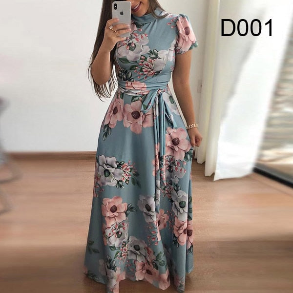 Plus size women's summer long super long dress casual long sleeve flower print dress casual high collar bandage Vestidos