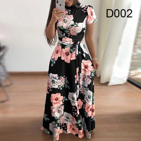 Plus size women's summer long super long dress casual long sleeve flower print dress casual high collar bandage Vestidos