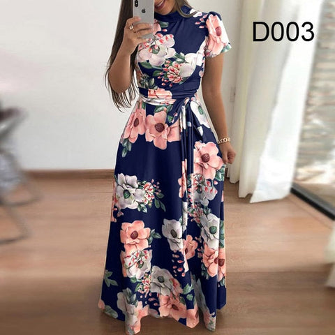 Plus size women's summer long super long dress casual long sleeve flower print dress casual high collar bandage Vestidos