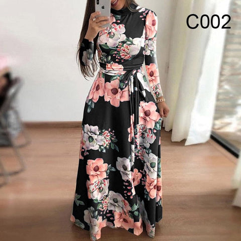 Plus size women's summer long super long dress casual long sleeve flower print dress casual high collar bandage Vestidos