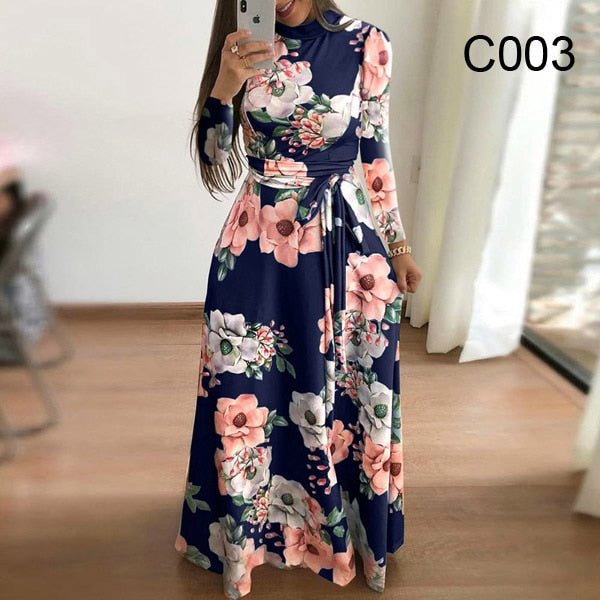 Plus size women's summer long super long dress casual long sleeve flower print dress casual high collar bandage Vestidos