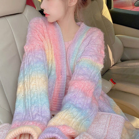 Rainbow Knitted Cardigan Women Autumn winter Sweet Kawaii Sweater Coat Female long Korean Button Down Cardigan Fall Women