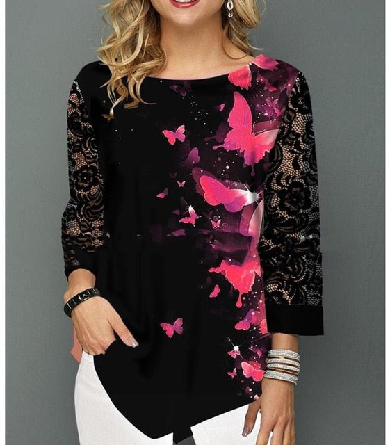 Women Blouse Shirt Asymmetric Hem Autumn Floral Printed Blouse Female Flower Print Tops O Neck Blusas Fashion Lady Camisa