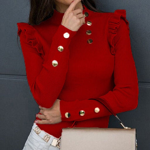 Fashion Autumn Butterfly Long Sleeve Shirt Blouse Elegant O Neck Slim Rib Pullover Tops Winter Casual Women Ruffle Shirts Blusa