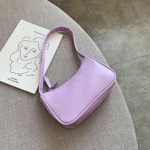 Soft PU Leather Women Purple Underarm Bag Retro Solid Color Ladies Baguette Handbags Fashion Design Girls Small Shoulder Bags