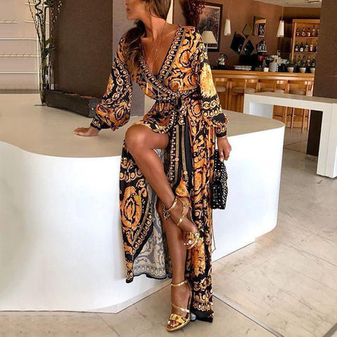 New Style Fashion Elegant Women Sexy Boat Neck Glitter Deep V Neck Print Party Dress Formal Long Dress Sexy Clubwear