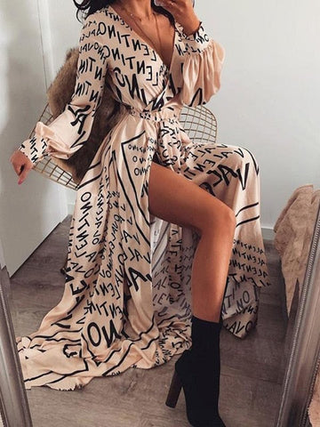 New Style Fashion Elegant Women Sexy Boat Neck Glitter Deep V Neck Print Party Dress Formal Long Dress Sexy Clubwear