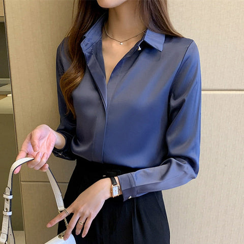 Silk Shirts Women White Shirt Women Long Sleeve Shirts Blouse Office Lady Satin Silk Blouse Tops Plus Size Woman Basic Shirt Top