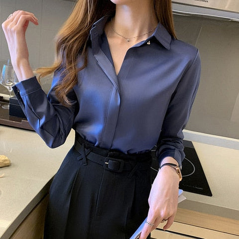 Silk Shirts Women White Shirt Women Long Sleeve Shirts Blouse Office Lady Satin Silk Blouse Tops Plus Size Woman Basic Shirt Top